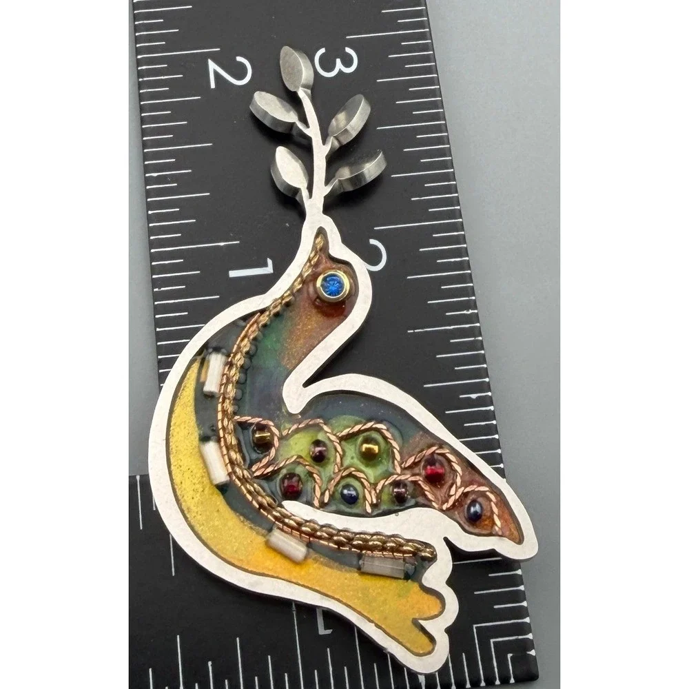 Vintage Brooch Dove of Peace Seeká IS-ART Stainless Steel Resin Crystal 2003
